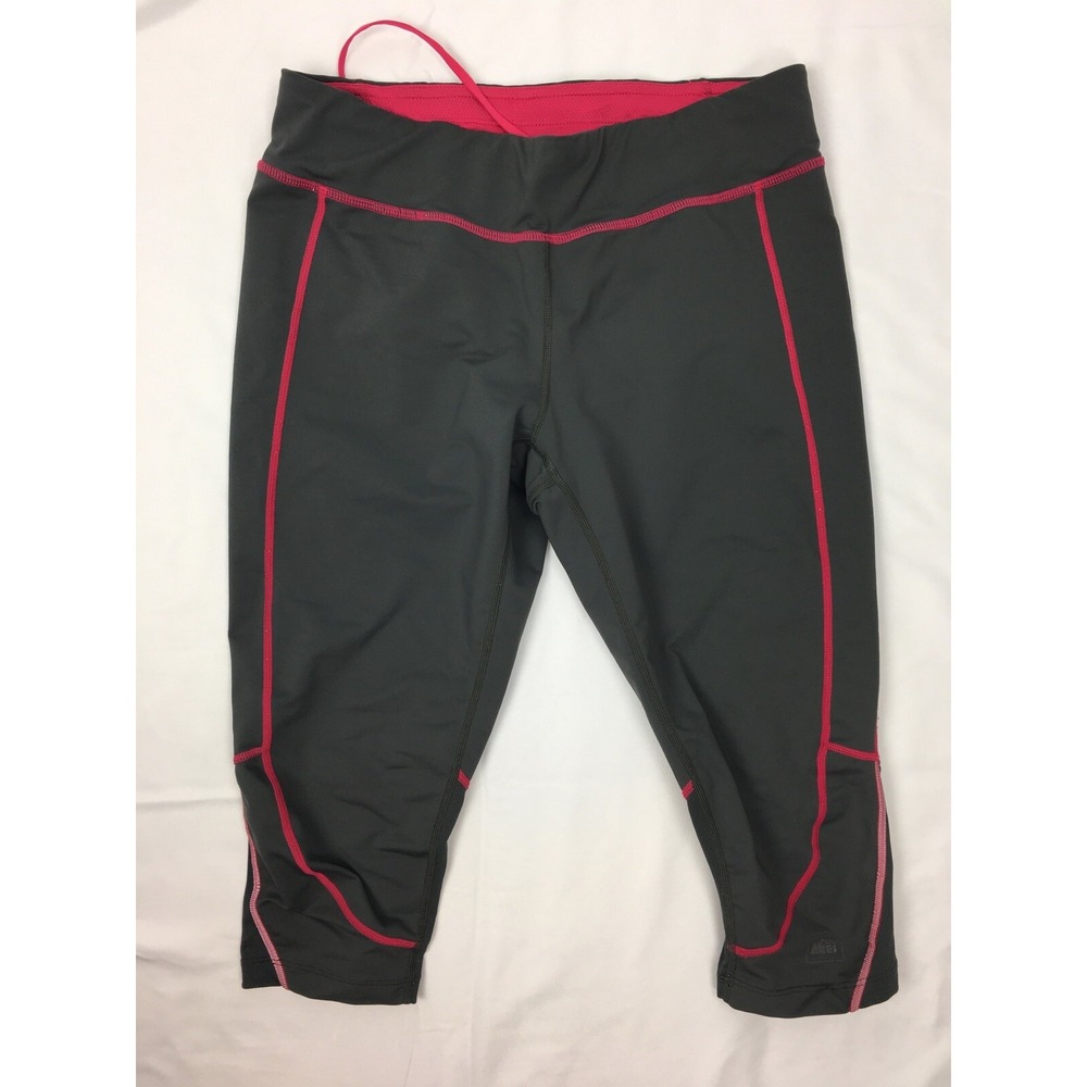 REI Women MEDIUM Grey Pink Cropped Capri Pants Yoga Athletic Drawstring Leggings
